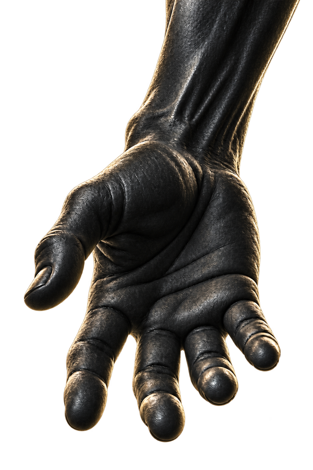 Sculptural black hand reaching down to support and lift a person
